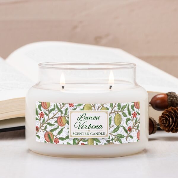 Lemon Verbena double wick lit candle in apothecary jar with pinecones Lemon Verbena double wick lit candle in apothecary jar with pinecones