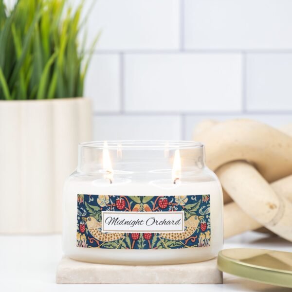 Midnight Orchard 2 wick apothecary candle in a kitchen scene