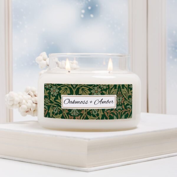 Oakmoss Amber 2 wick apothecary candle in winter scene