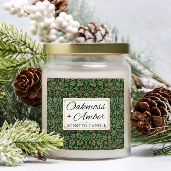 Oakmoss Amber candle in apothecary jar with pinecones