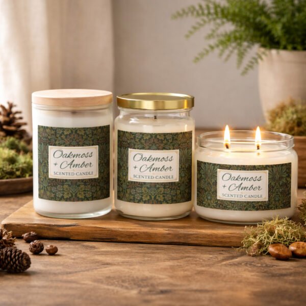 Oakmoss Amber candles on wood table with moss and cones