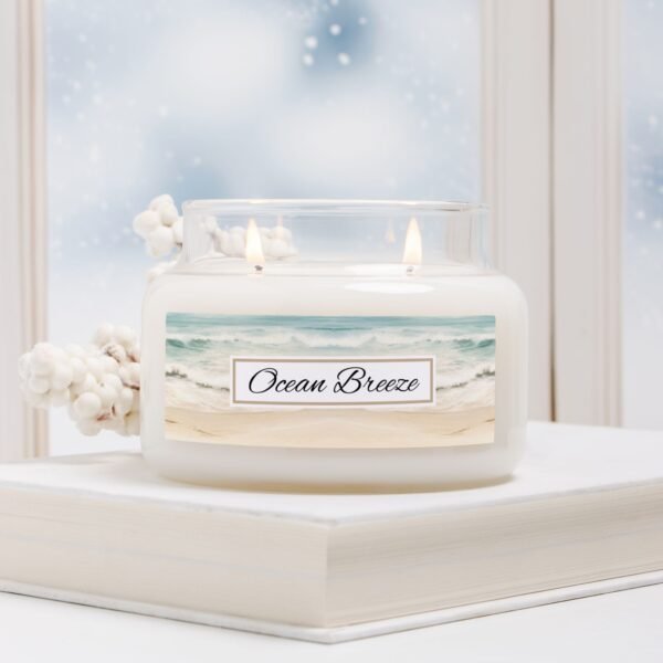 Ocean Breeze 2 wick apothecary candle in a winter scene
