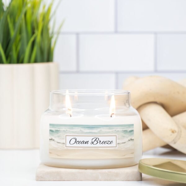 Ocean Breeze 2 wick apothecary candle on kitchen counter