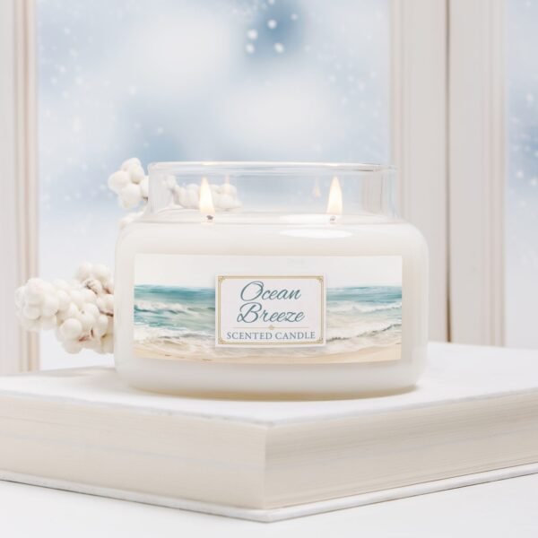 Ocean Breeze 2 wick apothecary lit candle in winter scene