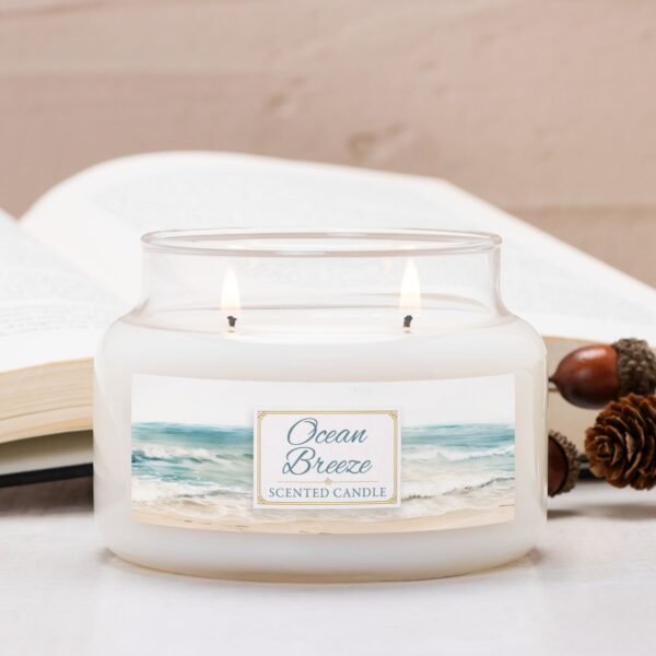 Ocean Breeze 2 wick apothecary lit candle with pinecones