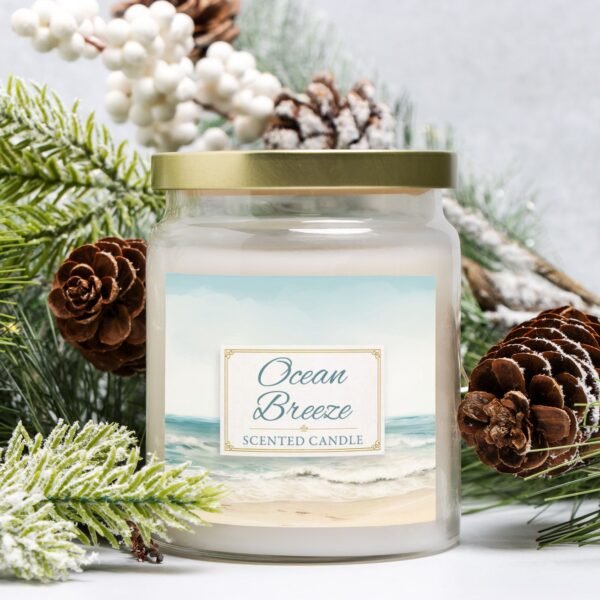 Ocean Breeze coastal candle in apothecary jar with pinecones