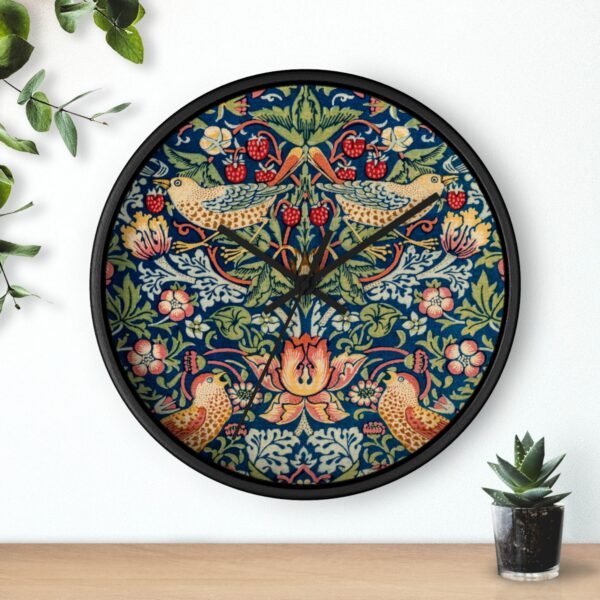 Strawberry Thief wall clock black frame black hands over shelf