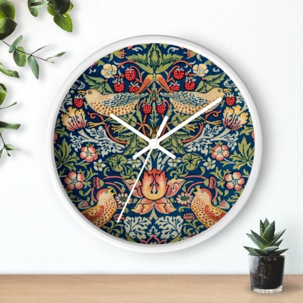 Strawberry Thief wall clock white frame white hands over shelf