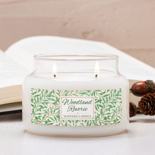 Woodland Reverie lit soy candle in 2 wick apothecary 12oz jar