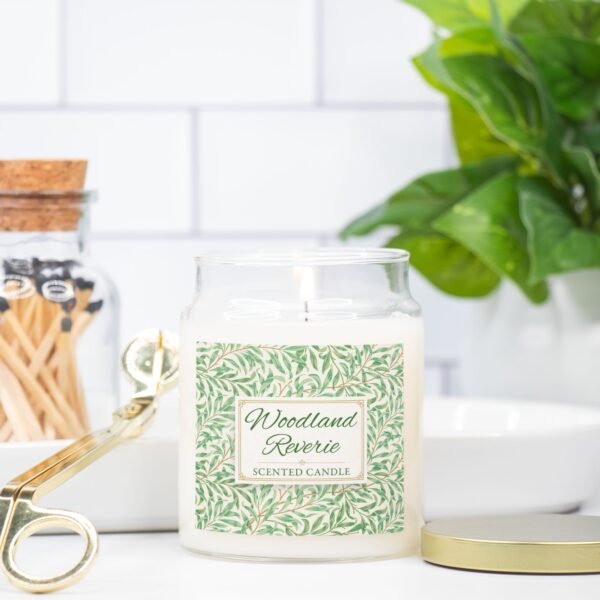 Woodland Reverie lit soy candle in apothecary 9oz jar on counter