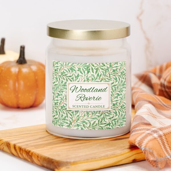 Woodland Reverie soy candle in apothecary 9oz jar on counter with pumpkin