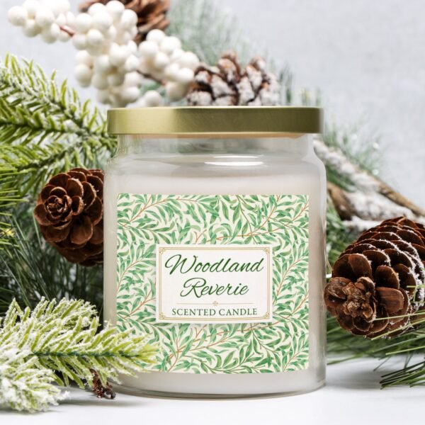 Woodland Reverie soy candle in apothecary 9oz jar with pinecones