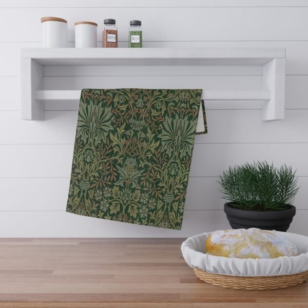 flower garden tea towel hanging on kitchen rack