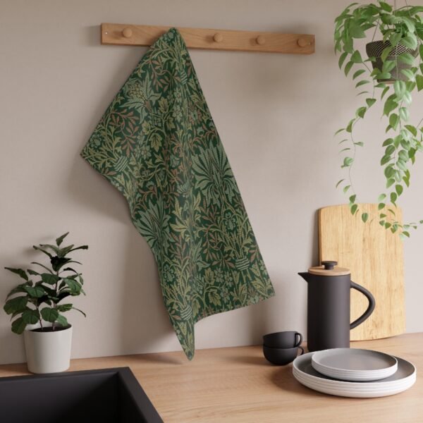 flower garden tea towel hannging from kitchen hook