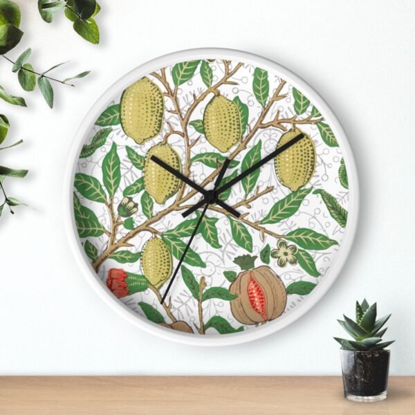 fruit william morris wall clock white frame black hands over shelf fruit william morris wall clock white frame black hands over shelf