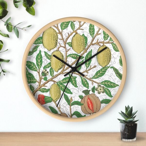 fruit william morris wall clock wood frame black hands over shelf fruit william morris wall clock wood frame black hands over shelf