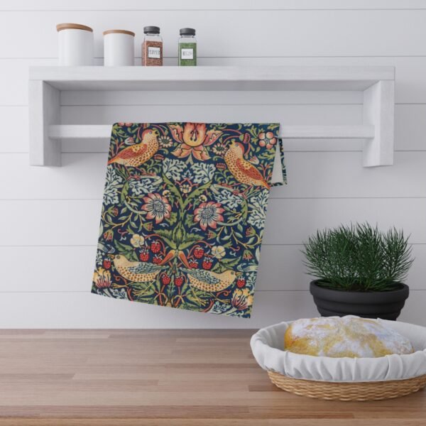 strawberry thief tea towel hanging from kitchen rack strawberry thief tea towel hanging from kitchen rack