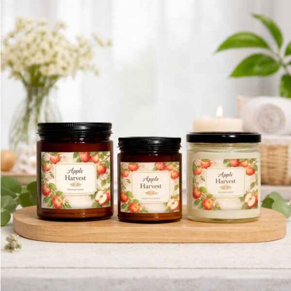 Apple Harvest soy candles multiple sizes on counter
