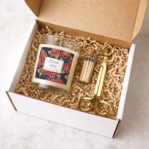 Beach Rose candle with gold trimmer and match jar gift set