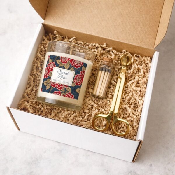 Beach Rose candle with gold trimmer and match jar gift set