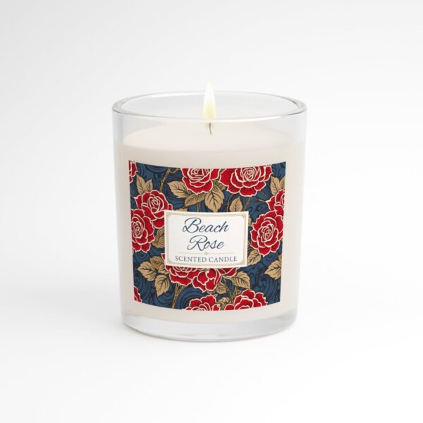 Beach Rose lit candle in clear jar