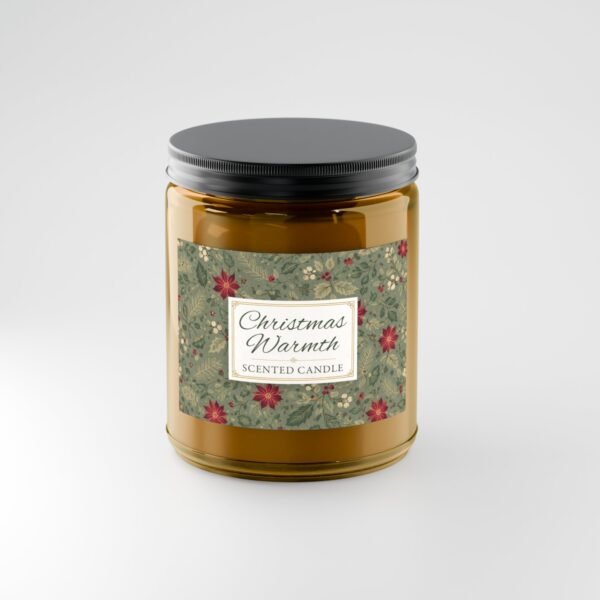 Christmas Warmth candle in amber jar with black lid