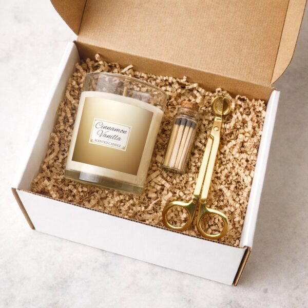 Cinnamon Vanilla candle with gold trimmer and match jar gift set