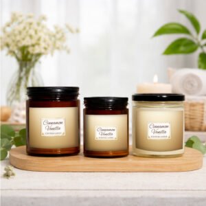 Cinnamon Vanilla soy candles sitting on counter