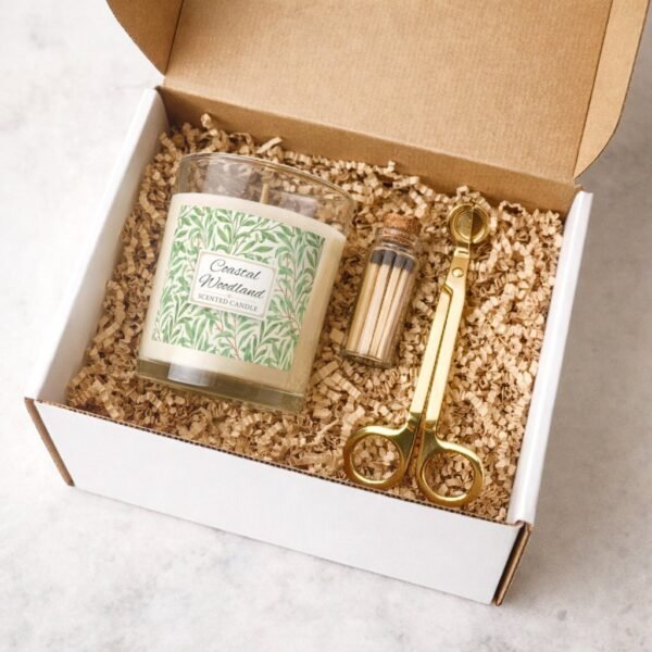 Coastal Woodland candle with gold trimmer and match jar gift set