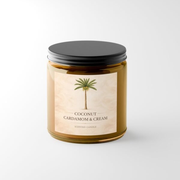 Coconut Cardamom Cream candle amber jar with black lid