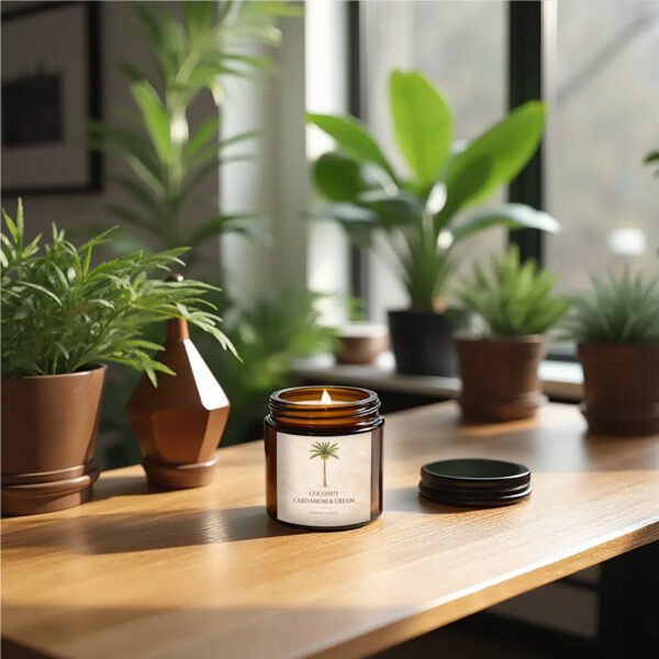 Coconut Cardamom Cream lit soy candle sitting on a table
