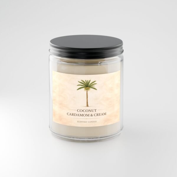 Coconut Cardamom Cream soy candle in 9oz clear jar