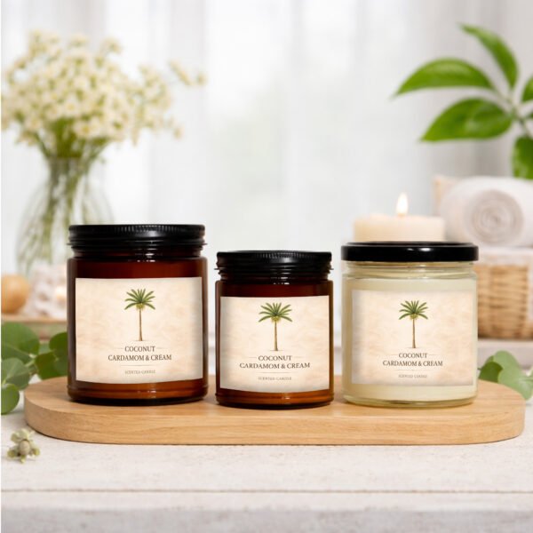 Coconut Cardamom Cream soy candles sitting on counter