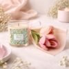 Garden Breeze candle and crochet flowers on counter