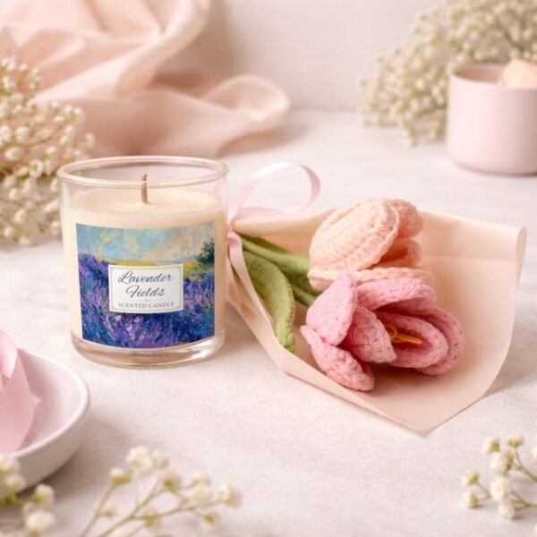 Lavender Fields candle and crochet flowers on counter