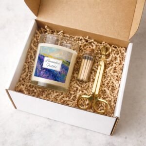 Lavender Fields candle gift set with gold trimmer and jar of matches
