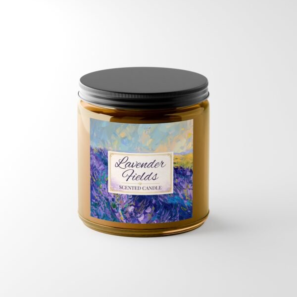 Lavender Fields candle in amber jar with black lid
