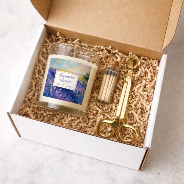 Lavender Fields candle with gold trimmer and match jar gift set
