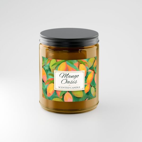 Mango Coconut candle in amber jar with black lid