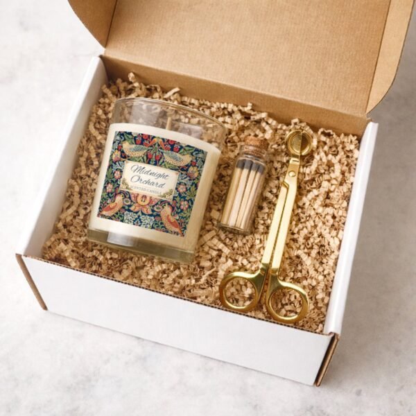 Midnight Orchard candle with gold trimmer and match jar gift set