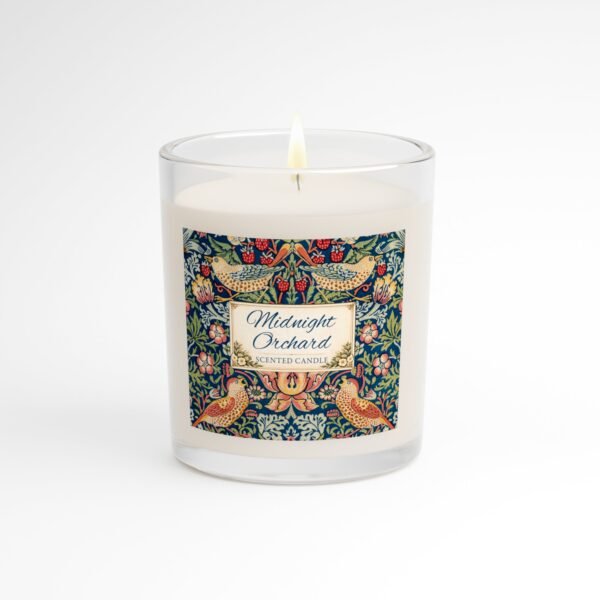 Midnight Orchard lit candle in clear jar