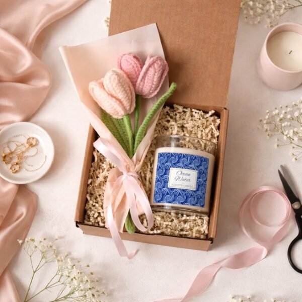 Ocean Water candle and crochet flowers gift set