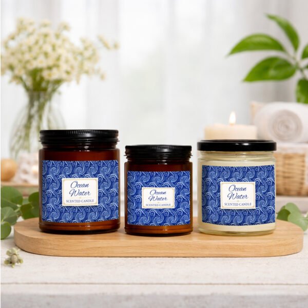Ocean Water coastal candles sitting on counter