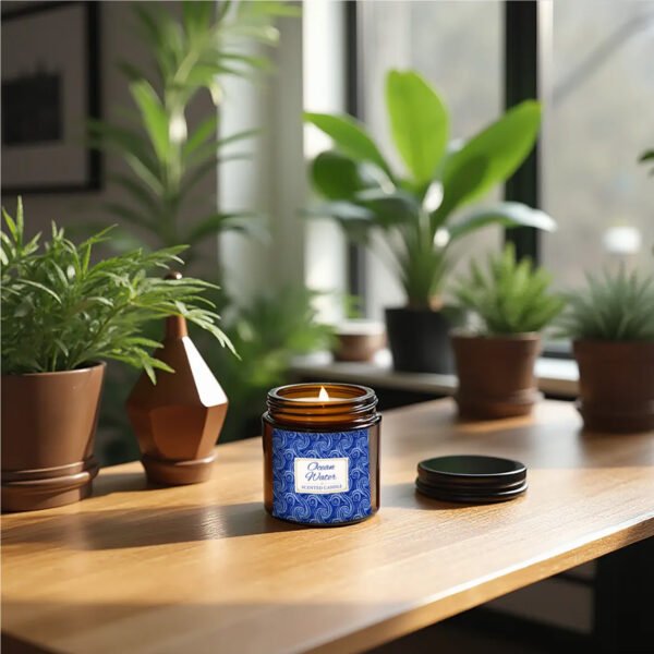 Ocean Water lit coatal candle on table