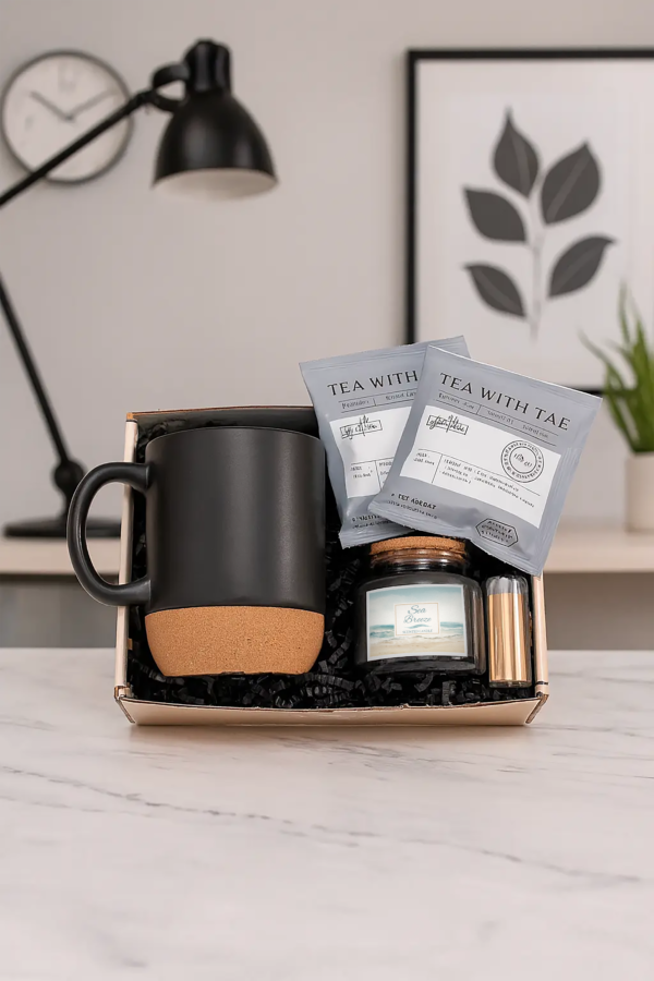 Sea Breeze Candle and Tea gift set with match jar and black mug sitting on counter