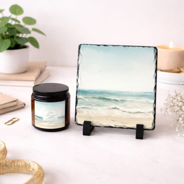 Sea Breeze candle and image on slate with black stand