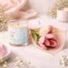 Sea Salt Orchid candle and crochet flowers on counter
