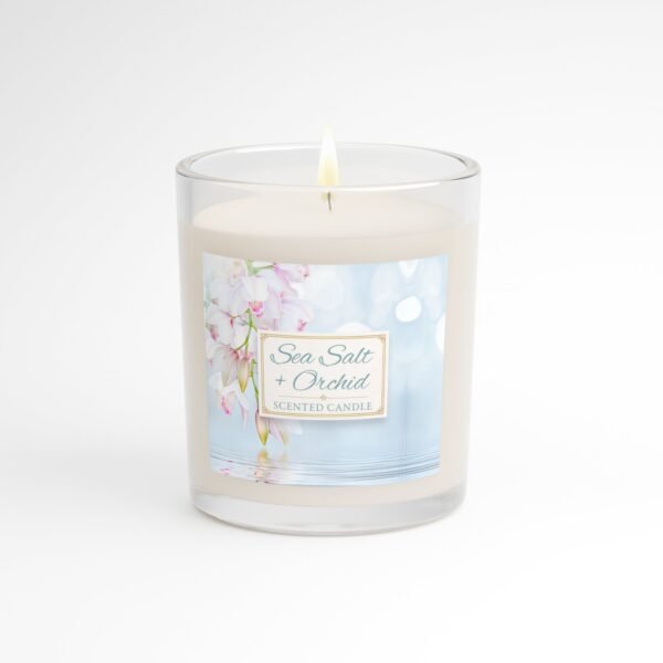 Sea Salt Orchid lit candle in clear jar