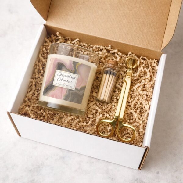 Sparkling Amber candle with gold trimmer and match jar gift set