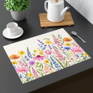 Spring Flowers placemat on dark table Spring Flowers placemat on dark table